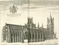 An illustration from A survey of the cathedrals of York, Durham, Carlisle, Chester, Man, Litchfield, Hereford, Worcester, Gloucester, Bristol, Lincoln, Ely, Oxford, Peterborough, Canterbury, Rochester, London, Winchester, Chichester, Norwich, Salisbury, Wells, Exeter, St. Davids, Landaff, Bangor, and St. Asaph : containing an history of their foundations, builders, antient monuments, and inscriptions, endowments, alienations, sales of lands, patronages ... : with an exact account of all the churches and chapels in each diocese, distinguished under their proper archdeaconries and deanries, to what saints dedicated, who patrons of them, and to what religious houses appropriated : the whole extracted from numerous collections out of the registers of every particular see ... : and illustrated with thirty-two curious draughts ... : in three volumes (1742)