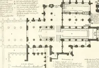 An illustration from A survey of the cathedrals of York, Durham, Carlisle, Chester, Man, Litchfield, Hereford, Worcester, Gloucester, Bristol, Lincoln, Ely, Oxford, Peterborough, Canterbury, Rochester, London, Winchester, Chichester, Norwich, Salisbury, Wells, Exeter, St. Davids, Landaff, Bangor, and St. Asaph : containing an history of their foundations, builders, antient monuments, and inscriptions, endowments, alienations, sales of lands, patronages ... : with an exact account of all the churches and chapels in each diocese, distinguished under their proper archdeaconries and deanries, to what saints dedicated, who patrons of them, and to what religious houses appropriated : the whole extracted from numerous collections out of the registers of every particular see ... : and illustrated with thirty-two curious draughts ... : in three volumes (1742)