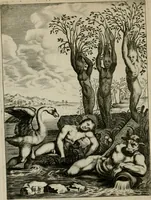 An illustration from Tableaux du temple des muses : tirez du cabinet de feu Mr. Favereau, conseiller du roy en sa Cour des Aydes, & gravez en tailles-douces par les meilleurs maistres de son temps, pour representer les vertus & les vices, sur les plus illustres fables de l'antiquité : avec les descriptions, remarques & annotations (1676)
