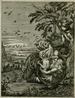 An illustration from Tableaux du temple des muses : tirez du cabinet de feu Mr. Favereau, conseiller du roy en sa Cour des Aydes, & gravez en tailles-douces par les meilleurs maistres de son temps, pour representer les vertus & les vices, sur les plus illustres fables de l'antiquité : avec les descriptions, remarques & annotations (1676)