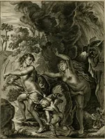 An illustration from Tableaux du temple des muses : tirez du cabinet de feu Mr. Favereau, conseiller du roy en sa Cour des Aydes, & gravez en tailles-douces par les meilleurs maistres de son temps, pour representer les vertus & les vices, sur les plus illustres fables de l'antiquité : avec les descriptions, remarques & annotations (1676)