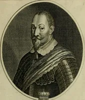 An illustration from Tableaux historiques, ou sont grauez les illustres francois et estrangers de l'un et de l'autre sexe : remarquables par leur naissance et leur fortune, doctrine, pieté, charges et emplois, auec les éloges sommaires contenans leurs noms et leurs qualitez, leurs peres et leurs meres, leurs aages, leurs mariages, les plus belles actions de leur vie et leurs armes blasonnées (1662)