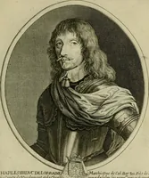 Picture 36 of 221 from Tableaux historiques, ou sont grauez les illustres francois et estrangers de l'un et de l'autre sexe : remarquables par leur naissance et leur fortune, doctrine, pieté, charges et emplois, auec les éloges sommaires contenans leurs noms et leurs qualitez, leurs peres et leurs meres, leurs aages, leurs mariages, les plus belles actions de leur vie et leurs armes blasonnées (1662), leaf 76