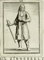Picture 22 of 71 from Tafereel van overdeftige zinnebeelden : gemaelt naer de deuchden, ondeuchden, gemoetsdriften der menschen, straffen Godts, en zegeningen : eerst beschreven door Cesare Ripa, Pierius Valerianus, Orus Apollo, en anderen ... (1722), leaf 104