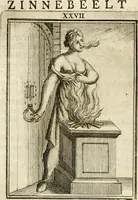 Picture 29 of 68 from Tafereel van overdeftige zinnebeelden : gemaelt naer de deuchden, ondeuchden, gemoetsdriften der menschen, straffen Godts, en zegeningen : eerst beschreven door Cesare Ripa, Pierius Valerianus, Orus Apollo, en anderen ... (1722), leaf 157