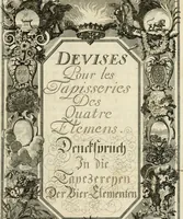An illustration from Tapisseries du roy, ou sont representez les quatre elemens et les quatre saisons : avec les devises qvi les accompagnent et leur explication = Königliche französische Tapezereyen, oder überaus schöne Sinn-Bilder, in welchen die vier Element, samt den vier Jahr-Zeiten, neben den Dencksprüchen und ihren Ausslegungen, vorgestellet werden (1690)