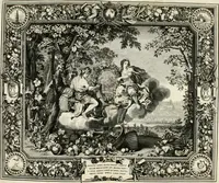 An illustration from Tapisseries du roy, ou sont representez les quatre elemens et les quatre saisons : avec les devises qvi les accompagnent et leur explication = Königliche französische Tapezereyen, oder überaus schöne Sinn-Bilder, in welchen die vier Element, samt den vier Jahr-Zeiten, neben den Dencksprüchen und ihren Ausslegungen, vorgestellet werden (1690)