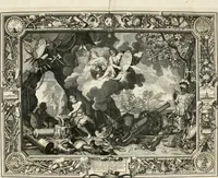 An illustration from Tapisseries du roy, ou sont representez les quatre elemens et les quatre saisons : avec les devises qvi les accompagnent et leur explication = Königliche französische Tapezereyen, oder überaus schöne Sinn-Bilder, in welchen die vier Element, samt den vier Jahr-Zeiten, neben den Dencksprüchen und ihren Ausslegungen, vorgestellet werden (1690)