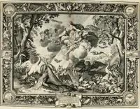 An illustration from Tapisseries du roy, ou sont representez les quatre elemens et les quatre saisons : avec les devises qvi les accompagnent et leur explication = Königliche französische Tapezereyen, oder überaus schöne Sinn-Bilder, in welchen die vier Element, samt den vier Jahr-Zeiten, neben den Dencksprüchen und ihren Ausslegungen, vorgestellet werden (1690)
