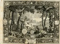 An illustration from Tapisseries du roy, ou sont representez les quatre elemens et les quatre saisons : avec les devises qvi les accompagnent et leur explication = Königliche französische Tapezereyen, oder überaus schöne Sinn-Bilder, in welchen die vier Element, samt den vier Jahr-Zeiten, neben den Dencksprüchen und ihren Ausslegungen, vorgestellet werden (1690)