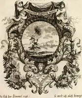 An illustration from Tapisseries du roy, ou sont representez les quatre elemens et les quatre saisons : avec les devises qvi les accompagnent et leur explication = Königliche französische Tapezereyen, oder überaus schöne Sinn-Bilder, in welchen die vier Element, samt den vier Jahr-Zeiten, neben den Dencksprüchen und ihren Ausslegungen, vorgestellet werden (1690)