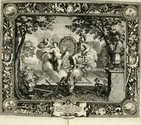 An illustration from Tapisseries du roy, ou sont representez les quatre elemens et les quatre saisons : avec les devises qvi les accompagnent et leur explication = Königliche französische Tapezereyen, oder überaus schöne Sinn-Bilder, in welchen die vier Element, samt den vier Jahr-Zeiten, neben den Dencksprüchen und ihren Ausslegungen, vorgestellet werden (1690)