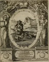 An illustration from Templvm gratiarvm, serenissimi ... : principis ac domini D. Leopoldi, archidvcis Avstriae et comitis Tyrolis &c fvndatoris mvnificentissimi : augustissimi ... caesaris Ferdinandi II., Germani fratris, piis manibvs ... a memoria archidvcalis collegii Passaviensis Societatis Iesv, ipso inferiarum, ac post D. Leopoldi die cum iusta in oratorio pie persolveret ac moestissime parentaret, A.D. MDCXXXII : Summa observantia dicatum dedicatumque (1633)