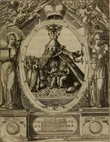 An illustration from Templvm gratiarvm, serenissimi ... : principis ac domini D. Leopoldi, archidvcis Avstriae et comitis Tyrolis &c fvndatoris mvnificentissimi : augustissimi ... caesaris Ferdinandi II., Germani fratris, piis manibvs ... a memoria archidvcalis collegii Passaviensis Societatis Iesv, ipso inferiarum, ac post D. Leopoldi die cum iusta in oratorio pie persolveret ac moestissime parentaret, A.D. MDCXXXII : Summa observantia dicatum dedicatumque (1633)