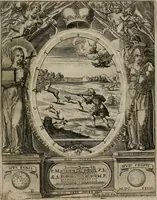An illustration from Templvm gratiarvm, serenissimi ... : principis ac domini D. Leopoldi, archidvcis Avstriae et comitis Tyrolis &c fvndatoris mvnificentissimi : augustissimi ... caesaris Ferdinandi II., Germani fratris, piis manibvs ... a memoria archidvcalis collegii Passaviensis Societatis Iesv, ipso inferiarum, ac post D. Leopoldi die cum iusta in oratorio pie persolveret ac moestissime parentaret, A.D. MDCXXXII : Summa observantia dicatum dedicatumque (1633)