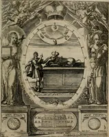An illustration from Templvm gratiarvm, serenissimi ... : principis ac domini D. Leopoldi, archidvcis Avstriae et comitis Tyrolis &c fvndatoris mvnificentissimi : augustissimi ... caesaris Ferdinandi II., Germani fratris, piis manibvs ... a memoria archidvcalis collegii Passaviensis Societatis Iesv, ipso inferiarum, ac post D. Leopoldi die cum iusta in oratorio pie persolveret ac moestissime parentaret, A.D. MDCXXXII : Summa observantia dicatum dedicatumque (1633)
