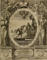 An illustration from Templvm gratiarvm, serenissimi ... : principis ac domini D. Leopoldi, archidvcis Avstriae et comitis Tyrolis &c fvndatoris mvnificentissimi : augustissimi ... caesaris Ferdinandi II., Germani fratris, piis manibvs ... a memoria archidvcalis collegii Passaviensis Societatis Iesv, ipso inferiarum, ac post D. Leopoldi die cum iusta in oratorio pie persolveret ac moestissime parentaret, A.D. MDCXXXII : Summa observantia dicatum dedicatumque (1633)