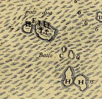 An illustration from Tertia pars Indiae Orientalis: qua continentur I. Secunda pars nauigationum à Ioanne Hugone Lintschotano Hollando in Orientem susceptarum; & maximè situs illarum regionum, & in his insularum, fluminum, riparum, portuum, &c. tum in transitu, tum ipsa India sitorum: vbi iuxta etiam vniuersa, quae autor illic, & postea in reditu versus Hollandiam vidit & notauit, diligenter designantur. : II. Nauigatio Hollandorum in insulas Orientales, Iavan & Sumatram: vbi pariter de moribus, vita, & religione incolarum quaedam haud iniucunda traduntur. III. Tres nauigationes Hollandorum in modò dictam Indiam per septentrionalem seu glacialem oceanum, vbi mira quaedam & stupenda denarrantur. (1601)