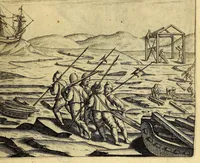 An illustration from Tertia pars Indiae Orientalis: qua continentur I. Secunda pars nauigationum à Ioanne Hugone Lintschotano Hollando in Orientem susceptarum; & maximè situs illarum regionum, & in his insularum, fluminum, riparum, portuum, &c. tum in transitu, tum ipsa India sitorum: vbi iuxta etiam vniuersa, quae autor illic, & postea in reditu versus Hollandiam vidit & notauit, diligenter designantur. : II. Nauigatio Hollandorum in insulas Orientales, Iauan & Sumatram: vbi pariter de morbius, vita, & religione incolarum quaedam haud iniucunda traduntur. III. Tres nauigationes Hollandorum in modò dictam Indiam per septentrionalem seu glacialem oceanum, vbi mira quaedam & stupenda denarrantur. (1601)