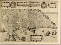 An illustration from Tertia pars Indiae Orientalis: qua continentur I. Secunda pars nauigationum à Ioanne Hugone Lintschotano Hollando in Orientem susceptarum; & maximè situs illarum regionum, & in his insularum, fluminum, riparum, portuum, &c. tum in transitu, tum ipsa India sitorum: vbi iuxta etiam vniuersa, quae autor illic, & postea in reditu versus Hollandiam vidit & notauit, diligenter designantur. : II. Nauigatio Hollandorum in insulas Orientales, Iauan & Sumatram: vbi pariter de morbius, vita, & religione incolarum quaedam haud iniucunda traduntur. III. Tres nauigationes Hollandorum in modò dictam Indiam per septentrionalem seu glacialem oceanum, vbi mira quaedam & stupenda denarrantur. (1601)