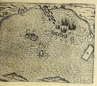 An illustration from Tertia pars Indiae Orientalis: qua continentur I. Secunda pars nauigationum à Ioanne Hugone Lintschotano Hollando in Orientem susceptarum; & maximè situs illarum regionum, & in his insulàrum, fluminum, riparum, portuum, &c. tum in transitu, tum ipsa India sitorum: vbi iuxta etiam vniuersa, quae autor illic, & postea in reditu versus Hollandiam vidit & notauit, diligenter designantur. : II. Nauigatio Hollandorum in insulas Orientales, Iauan & Svmatram: vbi pariter de morbius, vita, & religione incolarum quaedam haud iniucunda traduntur. III. Tres nauigationes Hollandorum in modo dictam Indiam per septentrionalem seu glacialem oceanum, vbi mira quaedam & stupenda denarrantur. Quibus iam de nouo accesserunt aliae de anno M.D.XVIII. vsq[ue] M.D.C.XXIX. historiae memorabiles, & notatu dignissimae. (1629)