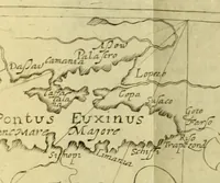 An illustration from Tertia pars Indiae Orientalis: qua continentur I. Secunda pars nauigationum à Ioanne Hugone Lintschotano Hollando in Orientem susceptarum; & maximè situs illarum regionum, & in his insulàrum, fluminum, riparum, portuum, &c. tum in transitu, tum ipsa India sitorum: vbi iuxta etiam vniuersa, quae autor illic, & postea in reditu versus Hollandiam vidit & notauit, diligenter designantur. : II. Nauigatio Hollandorum in insulas Orientales, Iauan & Svmatram: vbi pariter de morbius, vita, & religione incolarum quaedam haud iniucunda traduntur. III. Tres nauigationes Hollandorum in modo dictam Indiam per septentrionalem seu glacialem oceanum, vbi mira quaedam & stupenda denarrantur. Quibus iam de nouo accesserunt aliae de anno M.D.XVIII. vsq[ue] M.D.C.XXIX. historiae memorabiles, & notatu dignissimae. (1629)