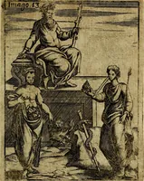 An illustration from Theatrum ethnico idololatrieum politico historicum, ethnicorum idololatrias, simulacra, templa, sacrificia & deos, illorum origines, ritus & caeremonias, quae in perficiendis sacris, fuerunt observata, quidque illis indicare voluerint, representans (1699)