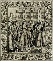 An illustration from Theatrum mortis humanæ tripartitum. I. Pars. Saltum mortis. II. Pars. Varia genera mortis. III. Pars. Pnas damnatorum continens. Figuris æneis illustratum, das ist, Schau-Bühne desz menschlichen Todts in drey Theil. 1. Theil. Der Toden Tantz. 2. Theil. Underschidliche Todts-Gattungen. 3. Theil. Der Verdambten Höllen-Peyn, vorstellend. Mit Schönen Kupffer-Stichen geziehrt vnd an Tag gegeben. Durch Joannem Weichardum Valvasor.. (1682)