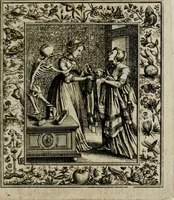 An illustration from Theatrum mortis humanæ tripartitum. I. Pars. Saltum mortis. II. Pars. Varia genera mortis. III. Pars. Pnas damnatorum continens. Figuris æneis illustratum, das ist, Schau-Bühne desz menschlichen Todts in drey Theil. 1. Theil. Der Toden Tantz. 2. Theil. Underschidliche Todts-Gattungen. 3. Theil. Der Verdambten Höllen-Peyn, vorstellend. Mit Schönen Kupffer-Stichen geziehrt vnd an Tag gegeben. Durch Joannem Weichardum Valvasor.. (1682)