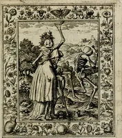 An illustration from Theatrum mortis humanæ tripartitum. I. Pars. Saltum mortis. II. Pars. Varia genera mortis. III. Pars. Pnas damnatorum continens. Figuris æneis illustratum, das ist, Schau-Bühne desz menschlichen Todts in drey Theil. 1. Theil. Der Toden Tantz. 2. Theil. Underschidliche Todts-Gattungen. 3. Theil. Der Verdambten Höllen-Peyn, vorstellend. Mit Schönen Kupffer-Stichen geziehrt vnd an Tag gegeben. Durch Joannem Weichardum Valvasor.. (1682)