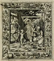 An illustration from Theatrum mortis humanæ tripartitum. I. Pars. Saltum mortis. II. Pars. Varia genera mortis. III. Pars. Pnas damnatorum continens. Figuris æneis illustratum, das ist, Schau-Bühne desz menschlichen Todts in drey Theil. 1. Theil. Der Toden Tantz. 2. Theil. Underschidliche Todts-Gattungen. 3. Theil. Der Verdambten Höllen-Peyn, vorstellend. Mit Schönen Kupffer-Stichen geziehrt vnd an Tag gegeben. Durch Joannem Weichardum Valvasor.. (1682)