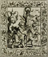 An illustration from Theatrum mortis humanæ tripartitum. I. Pars. Saltum mortis. II. Pars. Varia genera mortis. III. Pars. Pnas damnatorum continens. Figuris æneis illustratum, das ist, Schau-Bühne desz menschlichen Todts in drey Theil. 1. Theil. Der Toden Tantz. 2. Theil. Underschidliche Todts-Gattungen. 3. Theil. Der Verdambten Höllen-Peyn, vorstellend. Mit Schönen Kupffer-Stichen geziehrt vnd an Tag gegeben. Durch Joannem Weichardum Valvasor.. (1682)