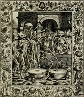 An illustration from Theatrum mortis humanæ tripartitum. I. Pars. Saltum mortis. II. Pars. Varia genera mortis. III. Pars. Pnas damnatorum continens. Figuris æneis illustratum, das ist, Schau-Bühne desz menschlichen Todts in drey Theil. 1. Theil. Der Toden Tantz. 2. Theil. Underschidliche Todts-Gattungen. 3. Theil. Der Verdambten Höllen-Peyn, vorstellend. Mit Schönen Kupffer-Stichen geziehrt vnd an Tag gegeben. Durch Joannem Weichardum Valvasor.. (1682)
