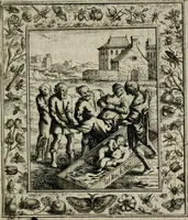 An illustration from Theatrum mortis humanæ tripartitum. I. Pars. Saltum mortis. II. Pars. Varia genera mortis. III. Pars. Pnas damnatorum continens. Figuris æneis illustratum, das ist, Schau-Bühne desz menschlichen Todts in drey Theil. 1. Theil. Der Toden Tantz. 2. Theil. Underschidliche Todts-Gattungen. 3. Theil. Der Verdambten Höllen-Peyn, vorstellend. Mit Schönen Kupffer-Stichen geziehrt vnd an Tag gegeben. Durch Joannem Weichardum Valvasor.. (1682)