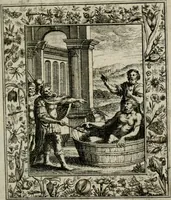 Picture 75 of 135 from Theatrum mortis humanæ tripartitum. I. Pars. Saltum mortis. II. Pars. Varia genera mortis. III. Pars. Pnas damnatorum continens. Figuris æneis illustratum, das ist, Schau-Bühne desz menschlichen Todts in drey Theil. 1. Theil. Der Toden Tantz. 2. Theil. Underschidliche Todts-Gattungen. 3. Theil. Der Verdambten Höllen-Peyn, vorstellend. Mit Schönen Kupffer-Stichen geziehrt vnd an Tag gegeben. Durch Joannem Weichardum Valvasor.. (1682), leaf 150