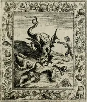An illustration from Theatrum mortis humanæ tripartitum. I. Pars. Saltum mortis. II. Pars. Varia genera mortis. III. Pars. Pnas damnatorum continens. Figuris æneis illustratum, das ist, Schau-Bühne desz menschlichen Todts in drey Theil. 1. Theil. Der Toden Tantz. 2. Theil. Underschidliche Todts-Gattungen. 3. Theil. Der Verdambten Höllen-Peyn, vorstellend. Mit Schönen Kupffer-Stichen geziehrt vnd an Tag gegeben. Durch Joannem Weichardum Valvasor.. (1682)