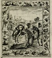 An illustration from Theatrum mortis humanæ tripartitum. I. Pars. Saltum mortis. II. Pars. Varia genera mortis. III. Pars. Pnas damnatorum continens. Figuris æneis illustratum, das ist, Schau-Bühne desz menschlichen Todts in drey Theil. 1. Theil. Der Toden Tantz. 2. Theil. Underschidliche Todts-Gattungen. 3. Theil. Der Verdambten Höllen-Peyn, vorstellend. Mit Schönen Kupffer-Stichen geziehrt vnd an Tag gegeben. Durch Joannem Weichardum Valvasor.. (1682)