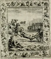 An illustration from Theatrum mortis humanæ tripartitum. I. Pars. Saltum mortis. II. Pars. Varia genera mortis. III. Pars. Pnas damnatorum continens. Figuris æneis illustratum, das ist, Schau-Bühne desz menschlichen Todts in drey Theil. 1. Theil. Der Toden Tantz. 2. Theil. Underschidliche Todts-Gattungen. 3. Theil. Der Verdambten Höllen-Peyn, vorstellend. Mit Schönen Kupffer-Stichen geziehrt vnd an Tag gegeben. Durch Joannem Weichardum Valvasor.. (1682)