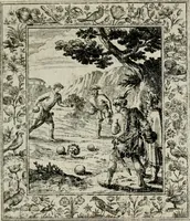 An illustration from Theatrum mortis humanæ tripartitum. I. Pars. Saltum mortis. II. Pars. Varia genera mortis. III. Pars. Pnas damnatorum continens. Figuris æneis illustratum, das ist, Schau-Bühne desz menschlichen Todts in drey Theil. 1. Theil. Der Toden Tantz. 2. Theil. Underschidliche Todts-Gattungen. 3. Theil. Der Verdambten Höllen-Peyn, vorstellend. Mit Schönen Kupffer-Stichen geziehrt vnd an Tag gegeben. Durch Joannem Weichardum Valvasor.. (1682)