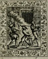An illustration from Theatrum mortis humanæ tripartitum. I. Pars. Saltum mortis. II. Pars. Varia genera mortis. III. Pars. Pnas damnatorum continens. Figuris æneis illustratum, das ist, Schau-Bühne desz menschlichen Todts in drey Theil. 1. Theil. Der Toden Tantz. 2. Theil. Underschidliche Todts-Gattungen. 3. Theil. Der Verdambten Höllen-Peyn, vorstellend. Mit Schönen Kupffer-Stichen geziehrt vnd an Tag gegeben. Durch Joannem Weichardum Valvasor.. (1682)