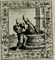 An illustration from Theatrum mortis humanæ tripartitum. I. Pars. Saltum mortis. II. Pars. Varia genera mortis. III. Pars. Pnas damnatorum continens. Figuris æneis illustratum, das ist, Schau-Bühne desz menschlichen Todts in drey Theil. 1. Theil. Der Toden Tantz. 2. Theil. Underschidliche Todts-Gattungen. 3. Theil. Der Verdambten Höllen-Peyn, vorstellend. Mit Schönen Kupffer-Stichen geziehrt vnd an Tag gegeben. Durch Joannem Weichardum Valvasor.. (1682)