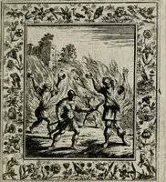 An illustration from Theatrum mortis humanæ tripartitum. I. Pars. Saltum mortis. II. Pars. Varia genera mortis. III. Pars. Pnas damnatorum continens. Figuris æneis illustratum, das ist, Schau-Bühne desz menschlichen Todts in drey Theil. 1. Theil. Der Toden Tantz. 2. Theil. Underschidliche Todts-Gattungen. 3. Theil. Der Verdambten Höllen-Peyn, vorstellend. Mit Schönen Kupffer-Stichen geziehrt vnd an Tag gegeben. Durch Joannem Weichardum Valvasor.. (1682)