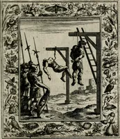 An illustration from Theatrum mortis humanæ tripartitum. I. Pars. Saltum mortis. II. Pars. Varia genera mortis. III. Pars. Pnas damnatorum continens. Figuris æneis illustratum, das ist, Schau-Bühne desz menschlichen Todts in drey Theil. 1. Theil. Der Toden Tantz. 2. Theil. Underschidliche Todts-Gattungen. 3. Theil. Der Verdambten Höllen-Peyn, vorstellend. Mit Schönen Kupffer-Stichen geziehrt vnd an Tag gegeben. Durch Joannem Weichardum Valvasor.. (1682)