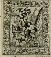 An illustration from Theatrum mortis humanæ tripartitum. I. Pars. Saltum mortis. II. Pars. Varia genera mortis. III. Pars. Pnas damnatorum continens. Figuris æneis illustratum, das ist, Schau-Bühne desz menschlichen Todts in drey Theil. 1. Theil. Der Toden Tantz. 2. Theil. Underschidliche Todts-Gattungen. 3. Theil. Der Verdambten Höllen-Peyn, vorstellend. Mit Schönen Kupffer-Stichen geziehrt vnd an Tag gegeben. Durch Joannem Weichardum Valvasor.. (1682)