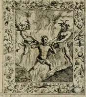 An illustration from Theatrum mortis humanæ tripartitum. I. Pars. Saltum mortis. II. Pars. Varia genera mortis. III. Pars. Pnas damnatorum continens. Figuris æneis illustratum, das ist, Schau-Bühne desz menschlichen Todts in drey Theil. 1. Theil. Der Toden Tantz. 2. Theil. Underschidliche Todts-Gattungen. 3. Theil. Der Verdambten Höllen-Peyn, vorstellend. Mit Schönen Kupffer-Stichen geziehrt vnd an Tag gegeben. Durch Joannem Weichardum Valvasor.. (1682)