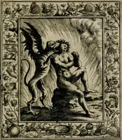 An illustration from Theatrum mortis humanæ tripartitum. I. Pars. Saltum mortis. II. Pars. Varia genera mortis. III. Pars. Pnas damnatorum continens. Figuris æneis illustratum, das ist, Schau-Bühne desz menschlichen Todts in drey Theil. 1. Theil. Der Toden Tantz. 2. Theil. Underschidliche Todts-Gattungen. 3. Theil. Der Verdambten Höllen-Peyn, vorstellend. Mit Schönen Kupffer-Stichen geziehrt vnd an Tag gegeben. Durch Joannem Weichardum Valvasor.. (1682)