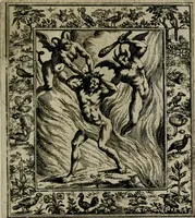 An illustration from Theatrum mortis humanæ tripartitum. I. Pars. Saltum mortis. II. Pars. Varia genera mortis. III. Pars. Pnas damnatorum continens. Figuris æneis illustratum, das ist, Schau-Bühne desz menschlichen Todts in drey Theil. 1. Theil. Der Toden Tantz. 2. Theil. Underschidliche Todts-Gattungen. 3. Theil. Der Verdambten Höllen-Peyn, vorstellend. Mit Schönen Kupffer-Stichen geziehrt vnd an Tag gegeben. Durch Joannem Weichardum Valvasor.. (1682)
