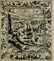 An illustration from Theatrum mortis humanæ tripartitum. I. Pars. Saltum mortis. II. Pars. Varia genera mortis. III. Pars. Pnas damnatorum continens. Figuris æneis illustratum, das ist, Schau-Bühne desz menschlichen Todts in drey Theil. 1. Theil. Der Toden Tantz. 2. Theil. Underschidliche Todts-Gattungen. 3. Theil. Der Verdambten Höllen-Peyn, vorstellend. Mit Schönen Kupffer-Stichen geziehrt vnd an Tag gegeben. Durch Joannem Weichardum Valvasor.. (1682)