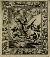An illustration from Theatrum mortis humanæ tripartitum. I. Pars. Saltum mortis. II. Pars. Varia genera mortis. III. Pars. Pnas damnatorum continens. Figuris æneis illustratum, das ist, Schau-Bühne desz menschlichen Todts in drey Theil. 1. Theil. Der Toden Tantz. 2. Theil. Underschidliche Todts-Gattungen. 3. Theil. Der Verdambten Höllen-Peyn, vorstellend. Mit Schönen Kupffer-Stichen geziehrt vnd an Tag gegeben. Durch Joannem Weichardum Valvasor.. (1682)