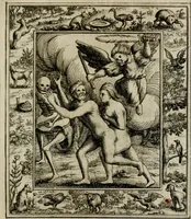 An illustration from Theatrum mortis humanæ tripartitum. I. Pars. Saltum mortis. II. Pars. Varia genera mortis. III. Pars. Pnas damnatorum continens. Figuris æneis illustratum, das ist, Schau-Bühne desz menschlichen Todts in drey Theil. 1. Theil. Der Toden Tantz. 2. Theil. Underschidliche Todts-Gattungen. 3. Theil. Der Verdambten Höllen-Peyn, vorstellend. Mit Schönen Kupffer-Stichen geziehrt vnd an Tag gegeben. Durch Joannem Weichardum Valvasor.. (1682)